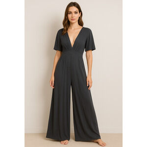 Free People Jumpsuit Womens L Wide Leg Flare Gray Tie Bohemian Modal Lagenlook